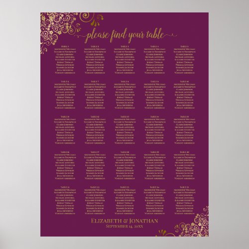 25 Table Gold Cassis Purple Wedding Seating Chart