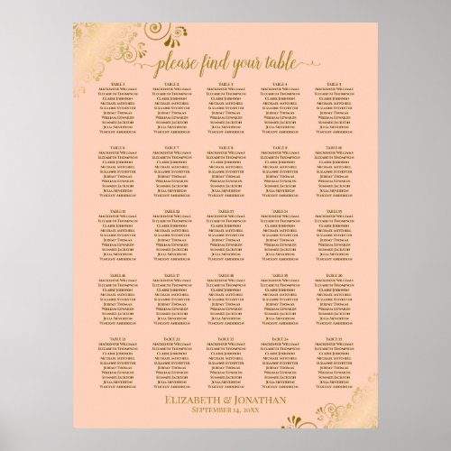 25 Table Gold  Coral Peach Wedding Seating Chart