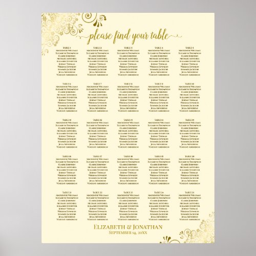 25 Table Gold  Cream Wedding Seating Chart