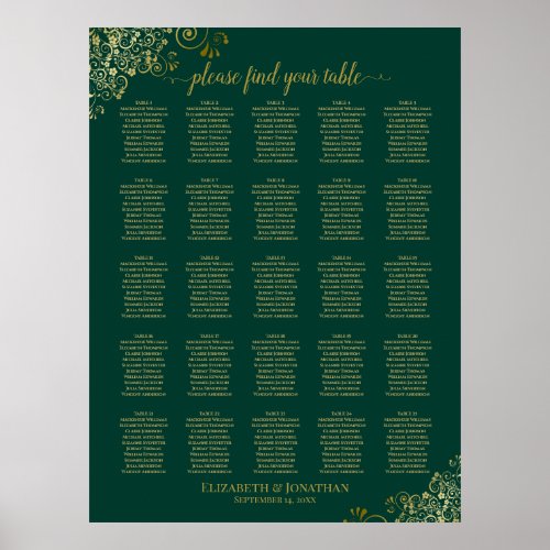 25 Table Gold Emerald Green Wedding Seating Chart