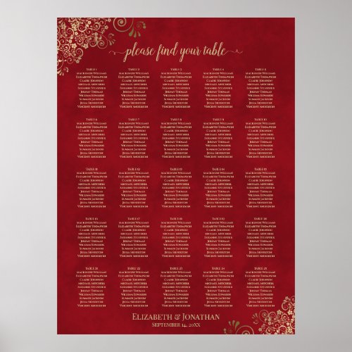 25 Table Gold Frills on Red Wedding Seating Chart