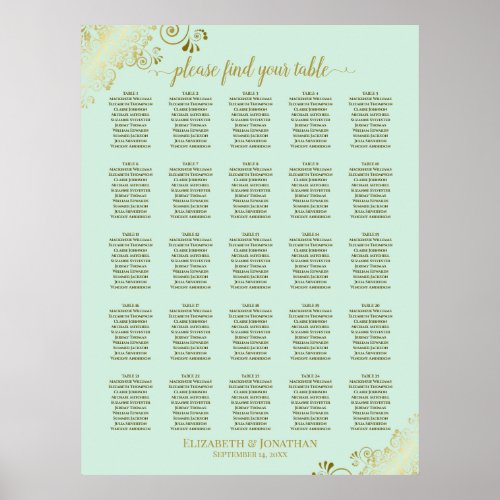 25 Table Gold  Mint Green Wedding Seating Chart