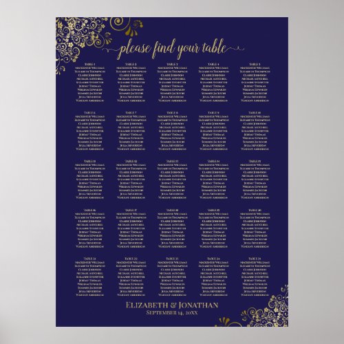 25 Table Gold  Navy Blue Wedding Seating Chart