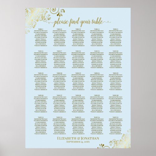 25 Table Gold  Powder Blue Wedding Seating Chart