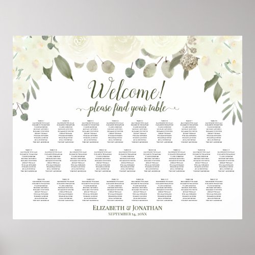 25 Table Ivory White Roses Wedding Seating Chart