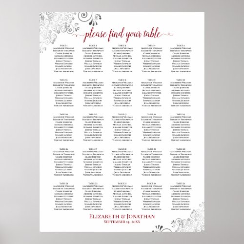 25 Table Lacy Wedding Seating Chart White  Red