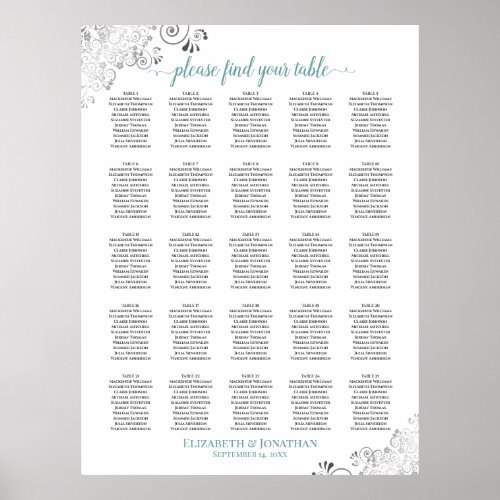 25 Table Lacy Wedding Seating Chart White  Teal
