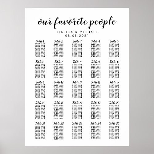 25 Table Large Wedding Guest Seating Chart