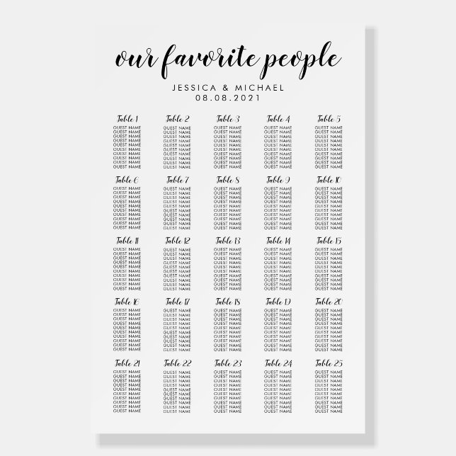 25 Table Large Wedding Guest Seating Chart Foam Board (Front)