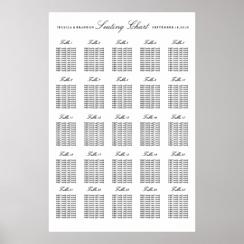 25 Table Large Wedding Seating Chart by Table