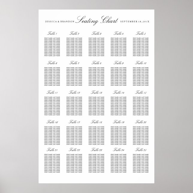25 Table Large Wedding Seating Chart by Table (Front)