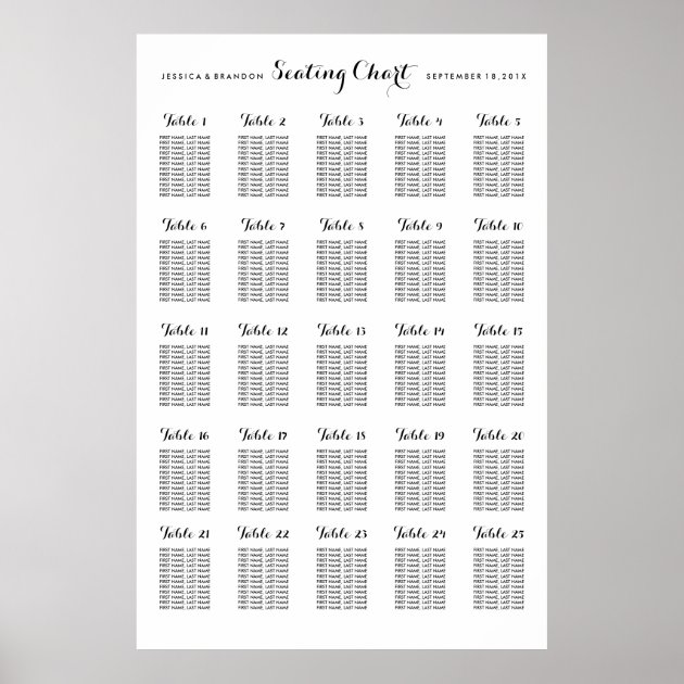 25 Table Large Wedding Seating Chart Poster