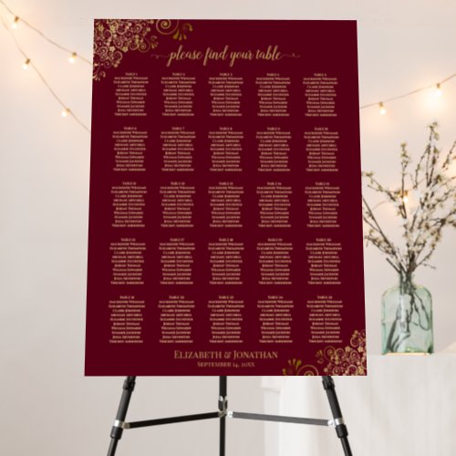 25 Table Maroon Burgundy  Gold Lace Seating Chart Foam Board