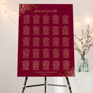 25 Table Maroon Burgundy & Gold Lace Seating Chart Foam Board