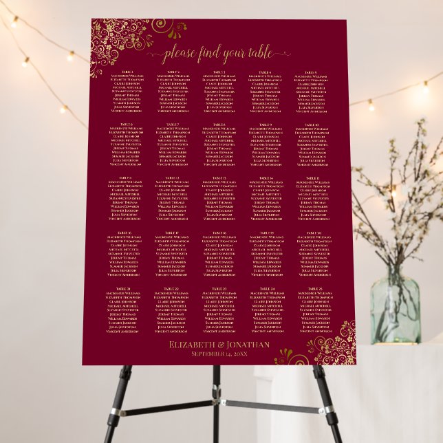 25 Table Maroon Burgundy & Gold Lace Seating Chart Foam Board (In Situ (Stand))