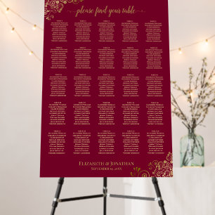 25 Table Maroon Burgundy & Gold Lace Seating Chart Foam Board