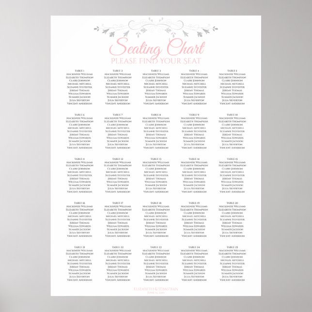 25 Table Pink & Gray Elegant Wedding Seating Chart (Front)