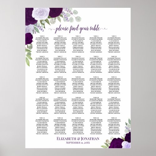 25 Table Purple Boho Floral Wedding Seating Chart
