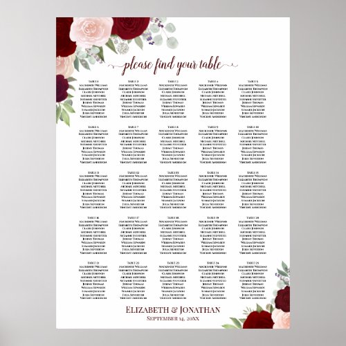 25 Table Red  Pink Roses Wedding Seating Chart