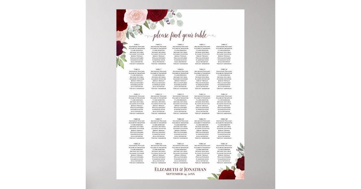 Red Roses Table Seating 25 Table Red & Pink Roses Wedding Seating Chart | Zazzle