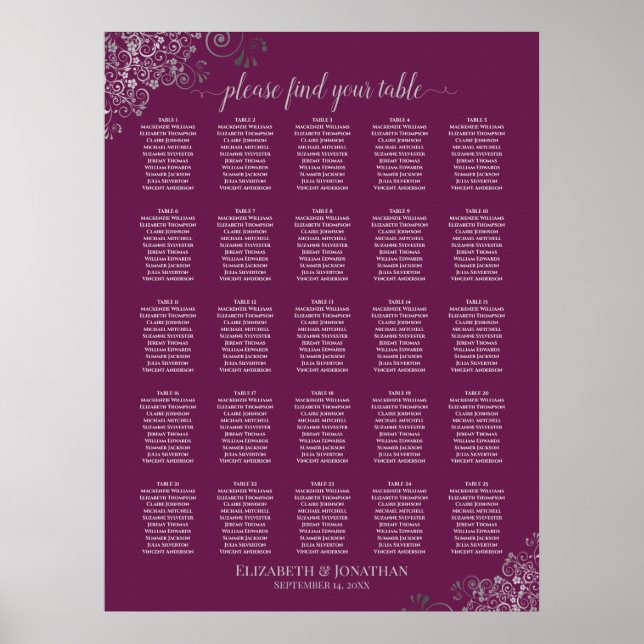 25 Table Red Plum & Silver Wedding Seating Chart (Front)
