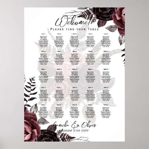 25 Table Rustic Burgundy Rose Floral SEATING CHART