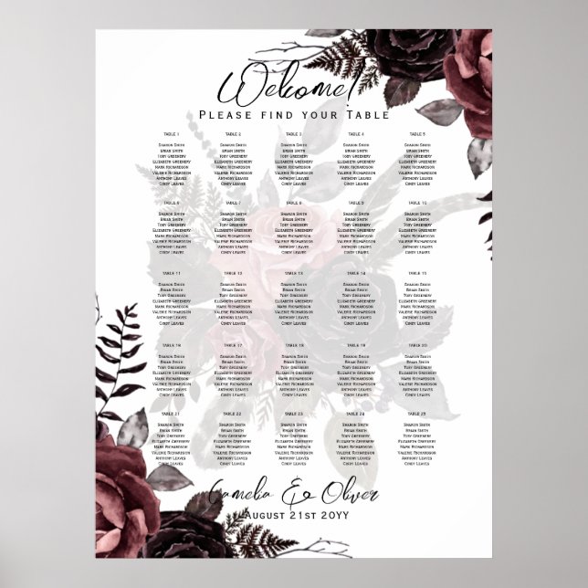 25 Table Rustic Burgundy Rose Floral SEATING CHART (Front)