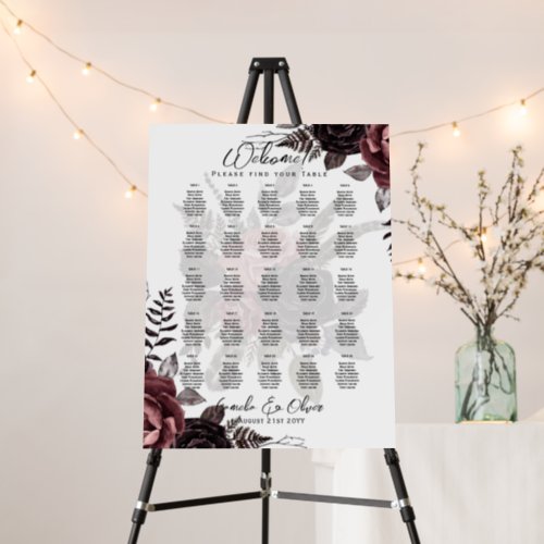 25 Table Rustic Burgundy Rose Floral SEATING CHART Foam Board