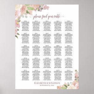 25 Table Rustic Pink Floral Wedding Seating Chart