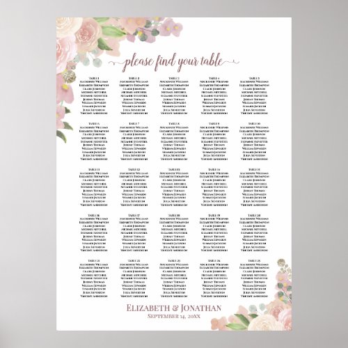 25 Table Rustic Pink Floral Wedding Seating Chart