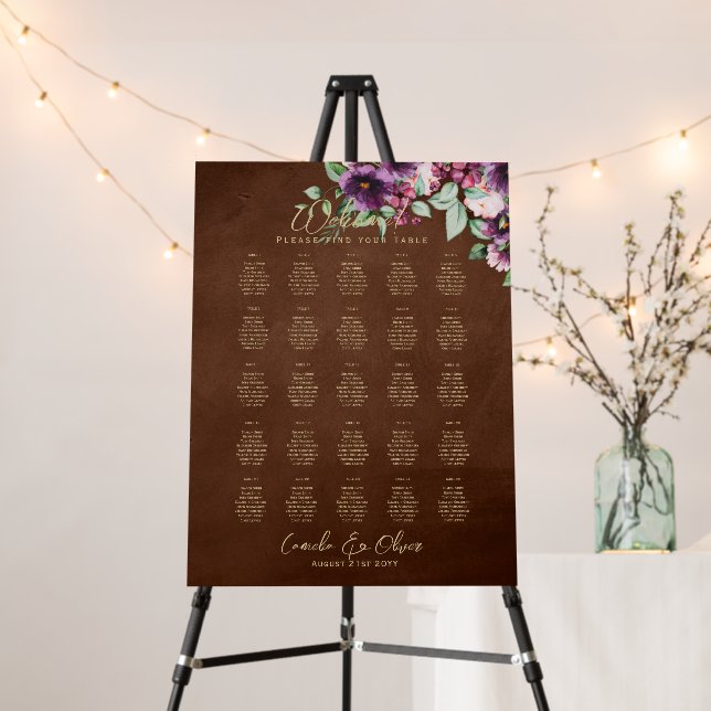 25 Table Rustic Purple Brown Floral SEATING CHART Foam Board (In Situ (Stand))