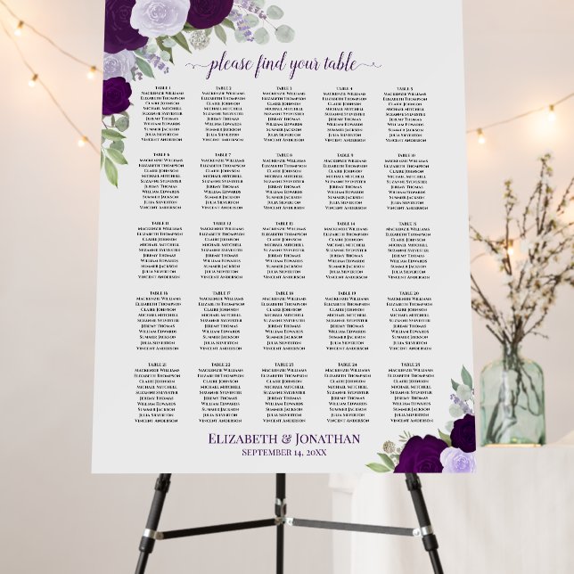 25 Table Rustic Purple Roses Wedding Seating Chart Foam Board (In Situ (Stand))