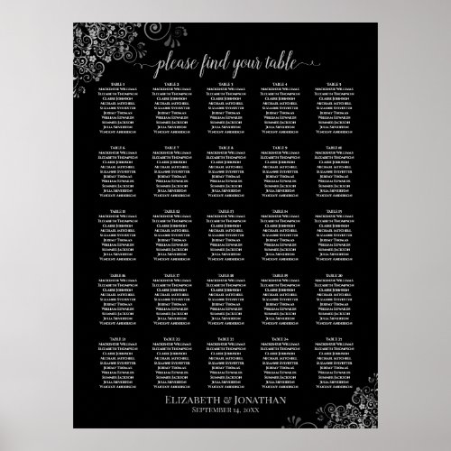 25 Table Silver  Black Wedding Seating Chart
