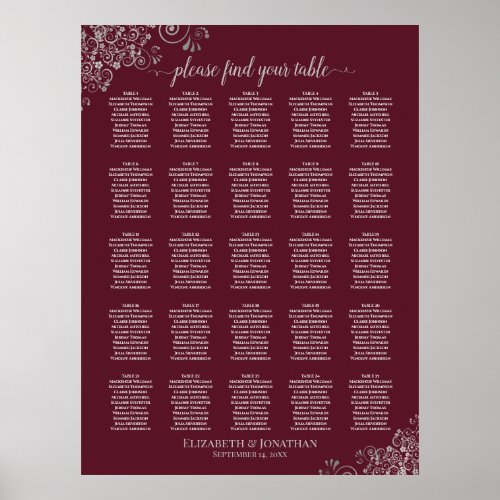 25 Table Silver  Burgundy Wedding Seating Chart