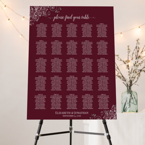 25 Table Silver Lace on Burgundy Seating Chart Foam Board