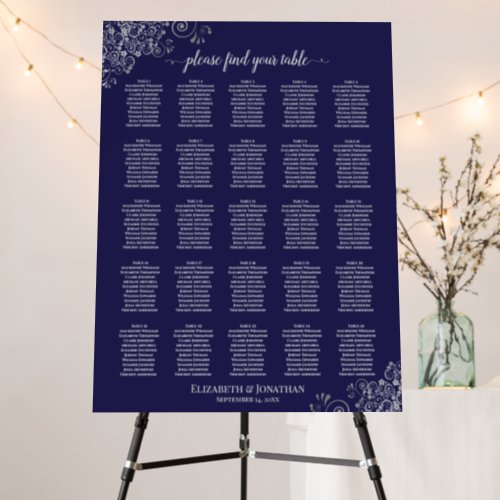 25 Table Silver Lace on Navy Blue Seating Chart Foam Board