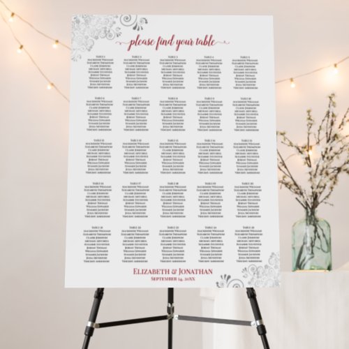 25 Table Silver Lace  Red on White Seating Chart Foam Board