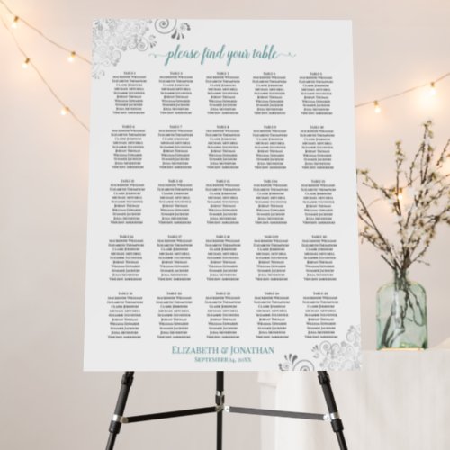 25 Table Silver Lace  Teal on White Seating Chart Foam Board