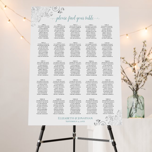 25 Table Silver Lace & Teal on White Seating Chart Foam Board (In Situ (Stand))