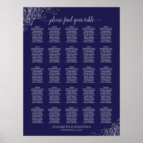 25 Table Silver  Navy Blue Wedding Seating Chart