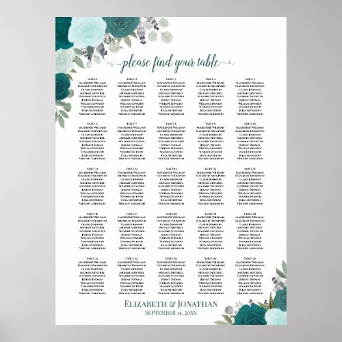 25 Table Teal Boho Floral Wedding Seating Chart