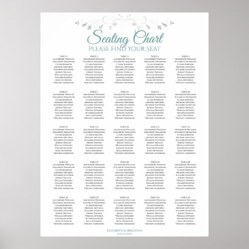 25 Table Teal  White Simple Wedding Seating Chart