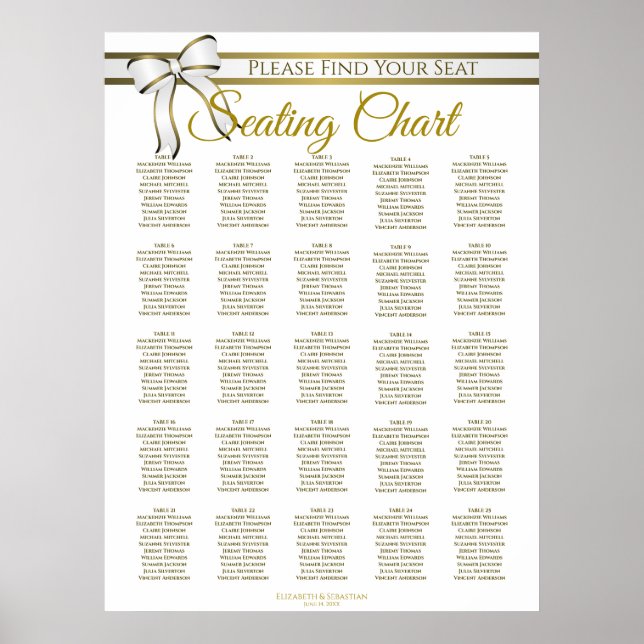 25 Table White & Gold Ribbon Wedding Seating Chart (Front)