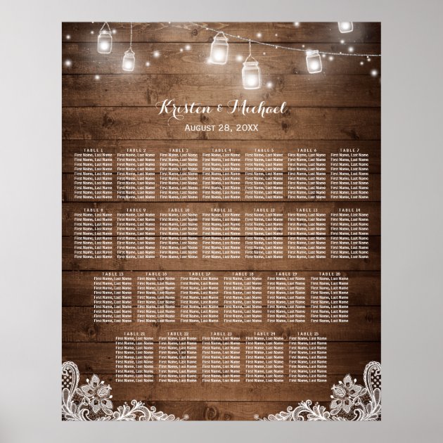 25 Tables Rustic String Lights Seating Chart Poster