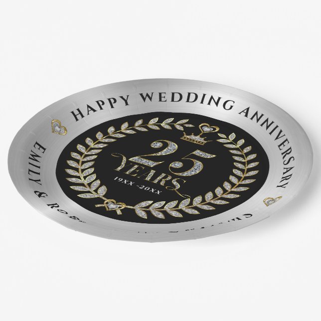 25 year Anniversary Gold and white diamonds Paper Plates (Angled)