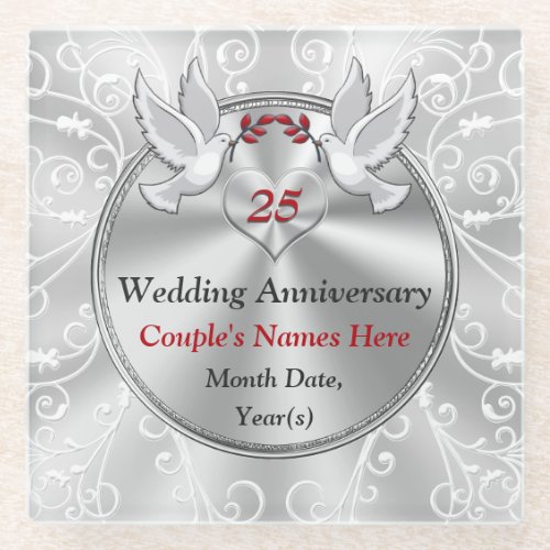 25 Year Wedding Anniversary Gift Personalized Glass Coaster