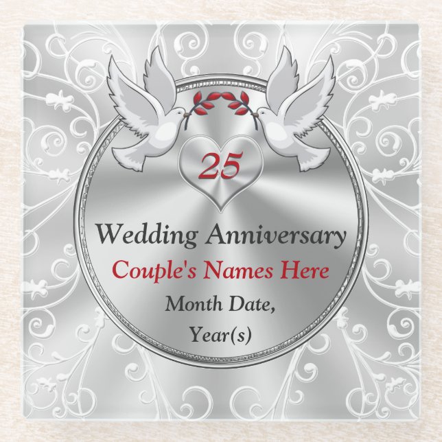 25 Year Wedding Anniversary Gift Personalized Glass Coaster (Front)