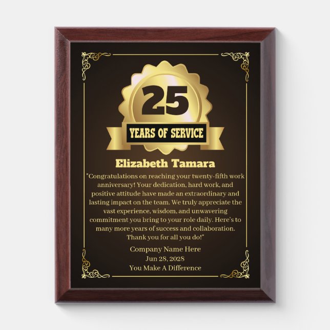 25 years employee anniversary Appreciation Message Award Plaque (Vertical)