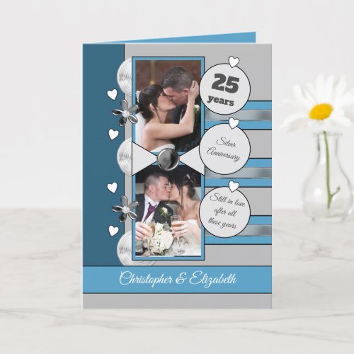 25 years silver anniversary blue and gray photo card