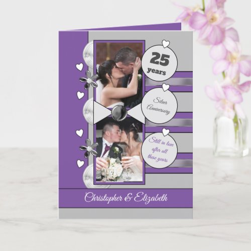 25 years silver anniversary purple and gray photo card